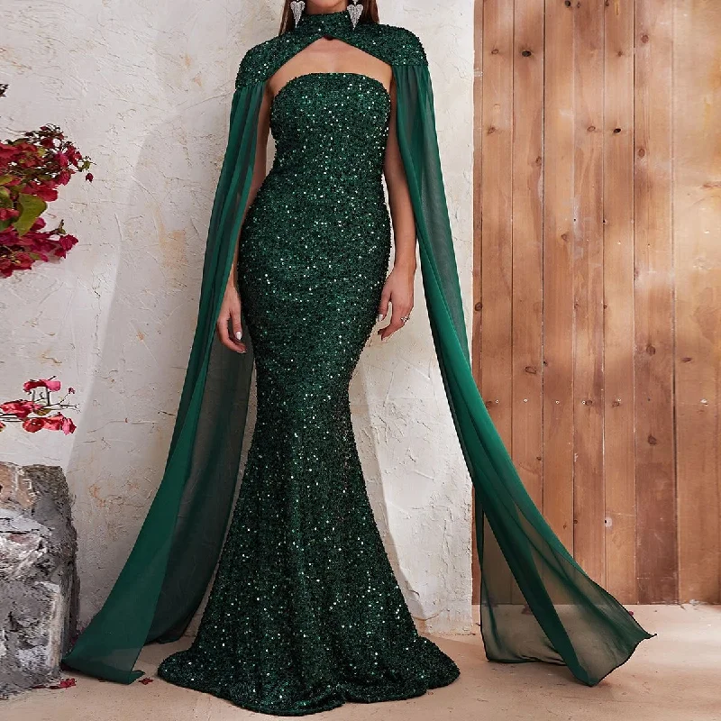 NiDELL Popular Cross-Border Evening Dress Fashion Heavy Embroidery Sequins Halter Chiffon Long Sleeve Dress Fishtail Dress-Mgt610