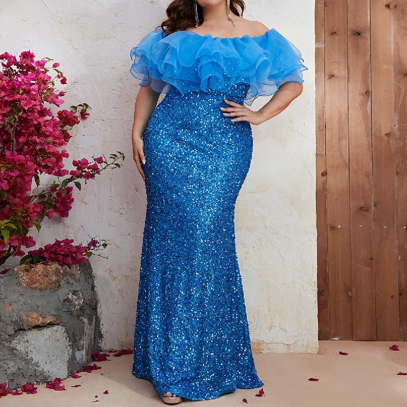 NiDELL Popular plus Size Dress Sequin Ruffled off-the-Neck Prom Evening Dress Fishtail Dress-FPD017-4