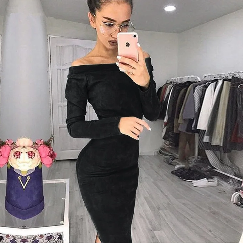 Solid Suede Long Sleeve Off Shoulder Women Mid-calf Dress 2020 Autumn Winter Female Sexy Bodycon New Year Party Dresses