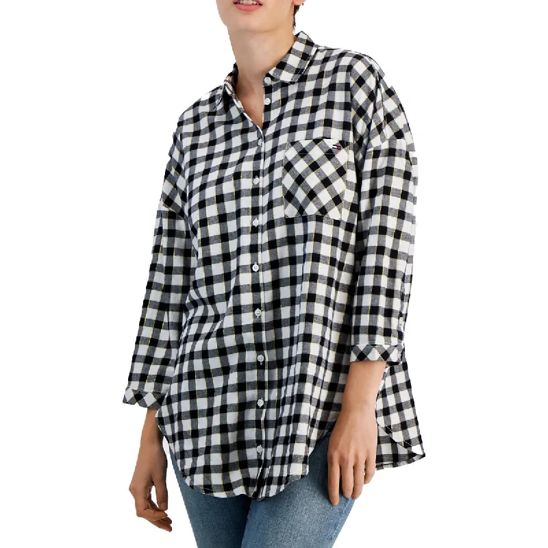 Tommy Jeans Womens Plaid Metallic Button-Down Top