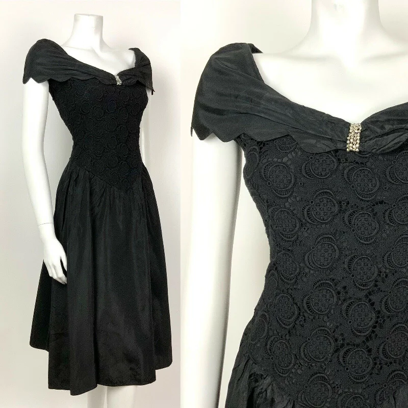 VINTAGE 50s 60s BLACK SILVER FLORAL LACE COCKTAIL PARTY DRESS 8 10