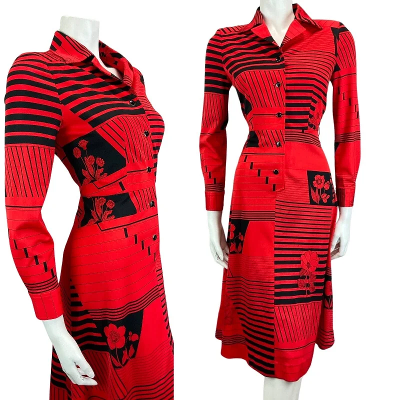 VINTAGE 60s 70s RED BLACK ABSTRACT PRINT MIDI MOD BOHO DISCO PARTY DRESS 8 10