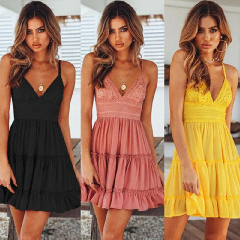 Women's Summer Sundress Sexy Backless Deep V-neck Beach Party Dresses Sleeveless Spaghetti Strap White Boho Mini Dress Vestidos