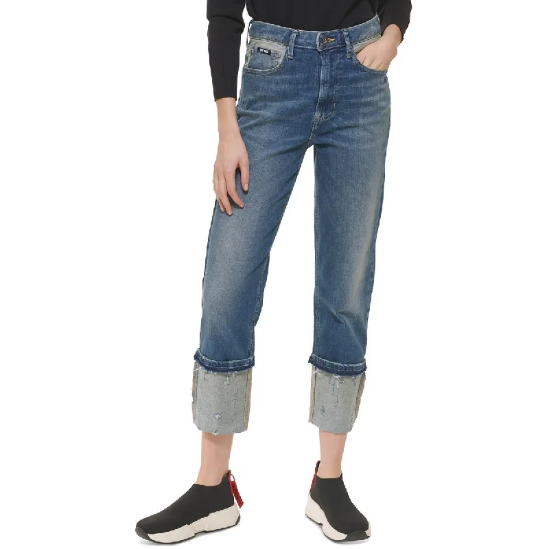 DKNY Jeans Womens Waverly Distressed High Rise Straight Leg Jeans