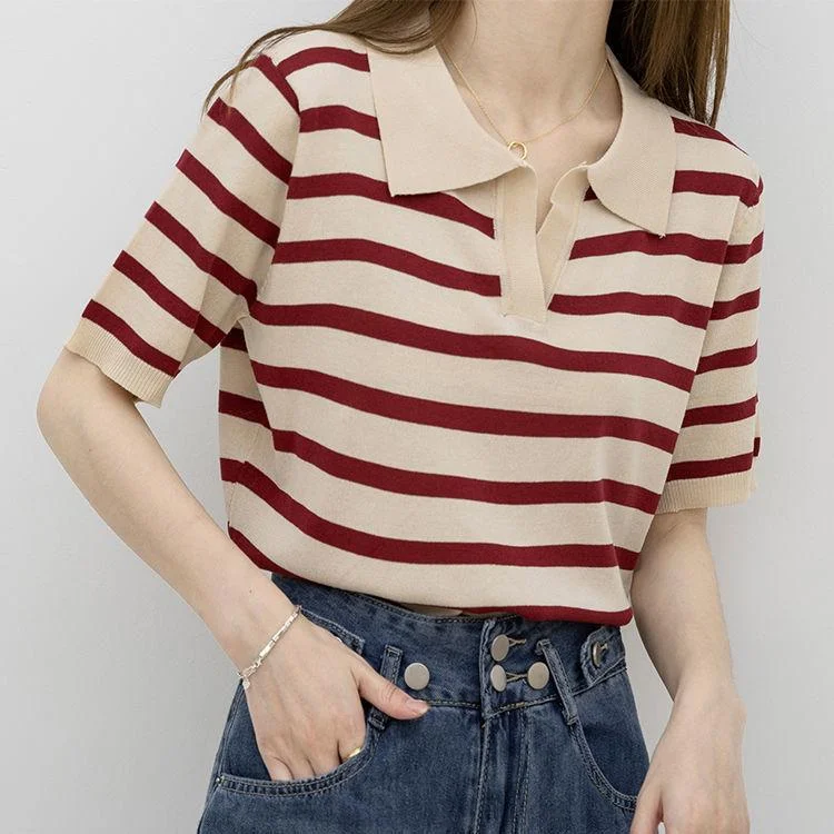 Striped Knitted Sweater Polo Collar Short Style All-match Short-sleeved T-shirt Women Xia Bingsi High-end Lapel Top Women