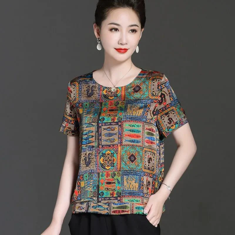 Summer New Middle-aged Mothers Wear Short-sleeved Ice Silk T-shirt Female Printing Ethnic Style Large Size Bottoming Shirt Top