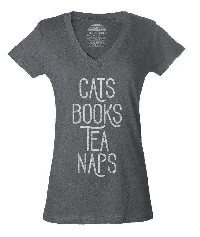 Women's Cats Book Tea Naps Vneck T-Shirt