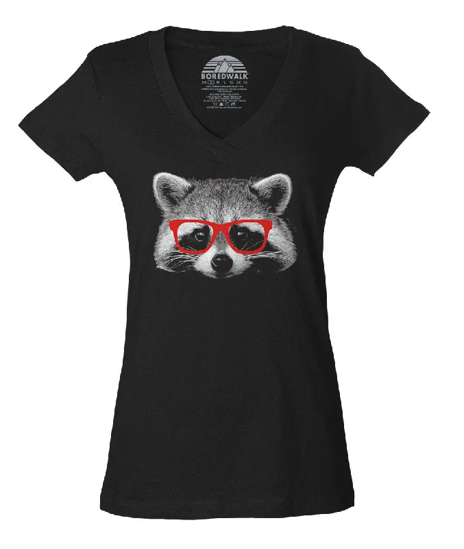 Women's Raccoon With Glasses Vneck T-Shirt