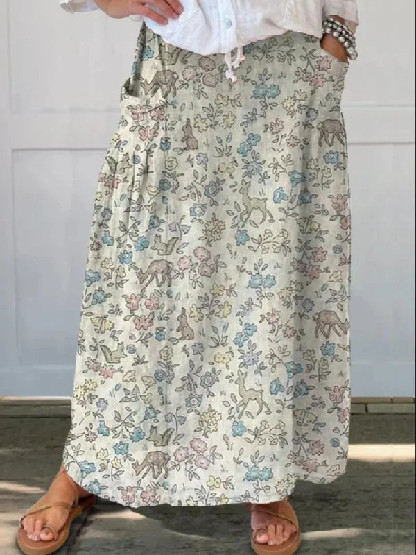 F61203 Women's Vintage Floral Linen Pocket Skirt