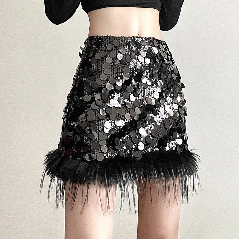 Glitter Women Sequin Feather Tassel Mini Skirt