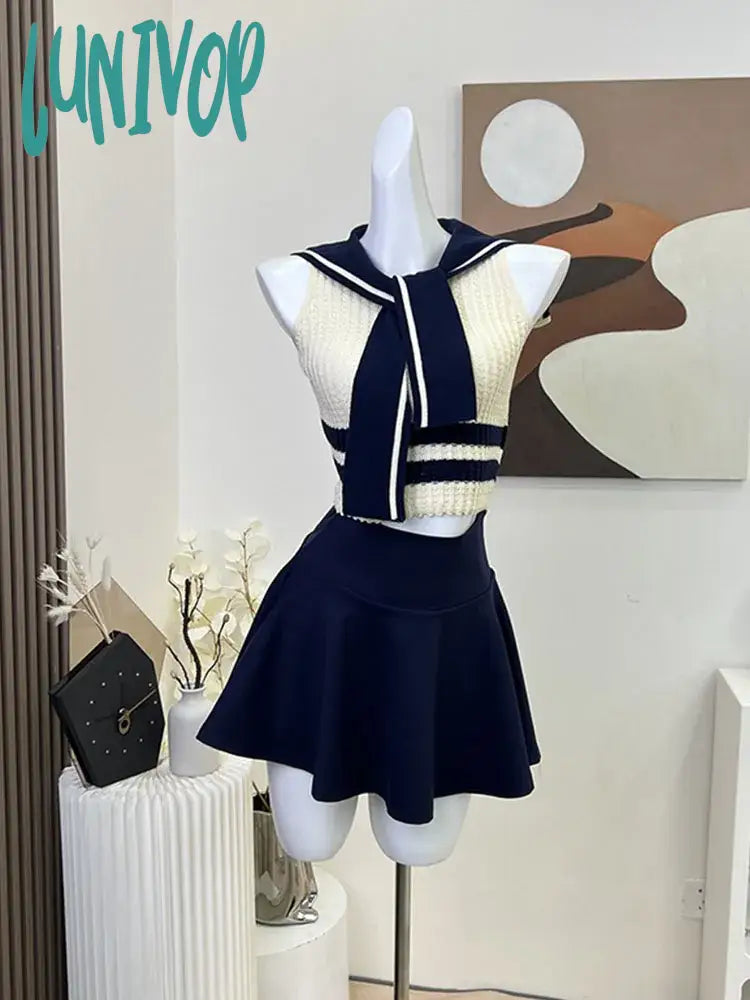 Lunivop High Street Fashion 2 Piece Skirt Set Gyaru Sailor Collar Striped Shirts Sleeveless Cozy + Navy High Waist A-Line Skirt Elegant