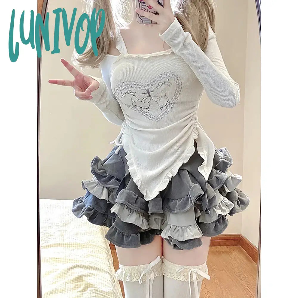 Lunivop Kawaii Y2K Women 2 Pieces Sets Sweet Sexy Slim Shirts Gothic Long Sleeve Tops Mini Tutu Skirts Elegant Lolita Outfits New