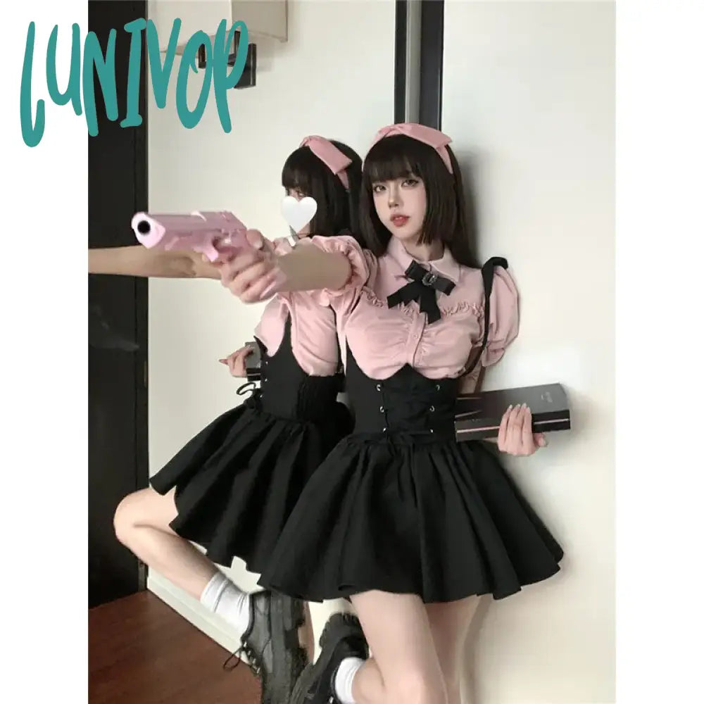 Lunivop Y2K Women Two Pieces Sets Kawaii Lolita Shirts Sweet Black Suspender Skirt Casual Vintage Girls Suits New Korean Fashion Outfits