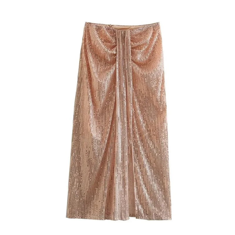 Pleated Sequin Vintage Fall Back Zipper Skirt