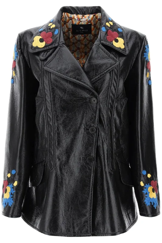 Jacket In Patent Faux Leather With Floral Embroideries  - Nero