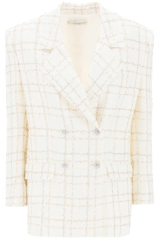 Oversized Tweed Jacket With Plaid Pattern  - White