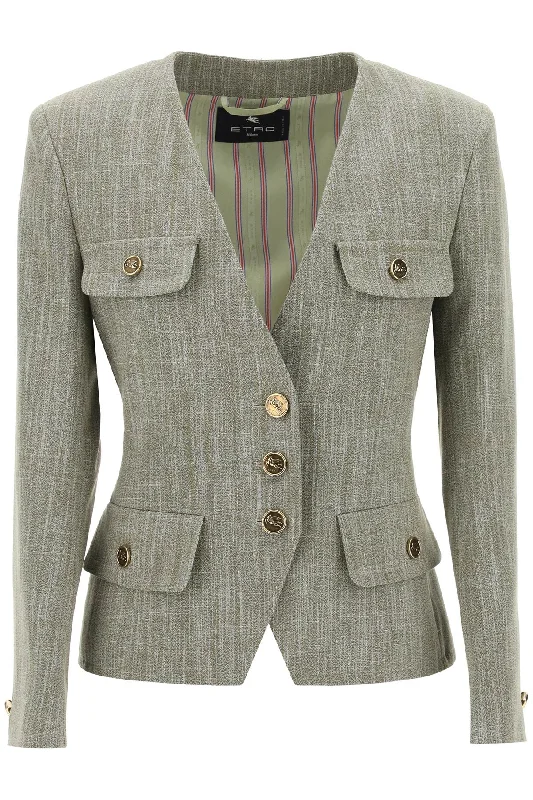 Fitted Jacket With Padded Shoulders  - Green