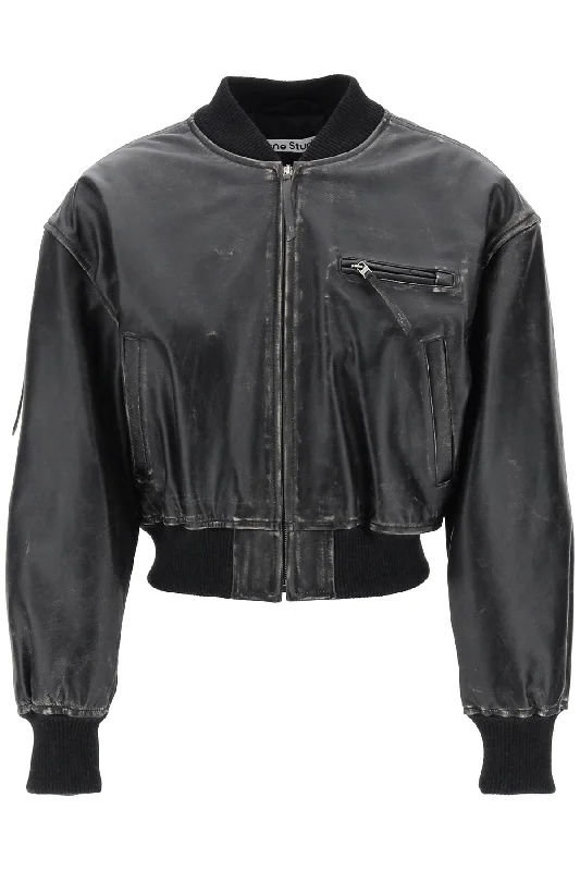 Aged Leather Bomber Jacket With Distressed Treatment  - Black