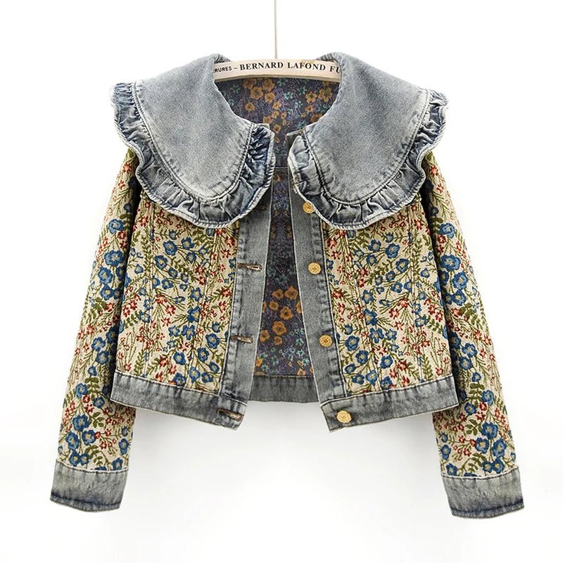 Stylish Autumn Denim Jacket with Jacquard Embroidery and Peter Pan Collar for Women