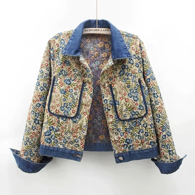 Vintage Jacquard Embroidery Denim Jacket for Women