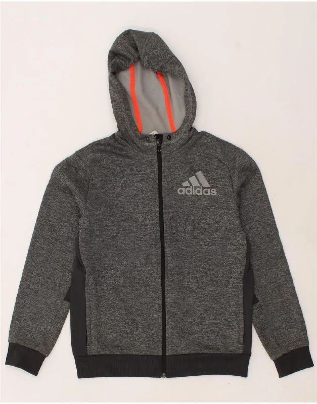 ADIDAS Boys Graphic Zip Hoodie Sweater 13-14 Years Grey Colourblock