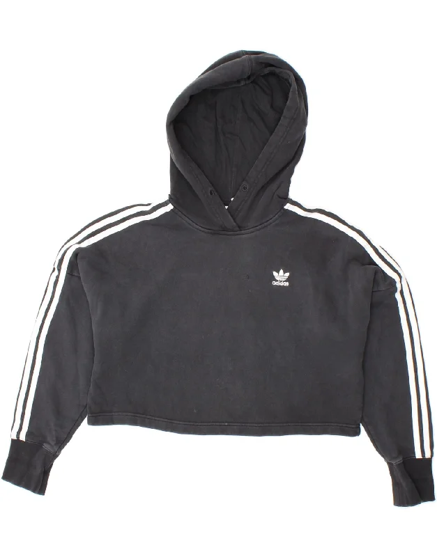 ADIDAS Womens Oversized Crop Hoodie Jumper UK 4 XS Black Cotton