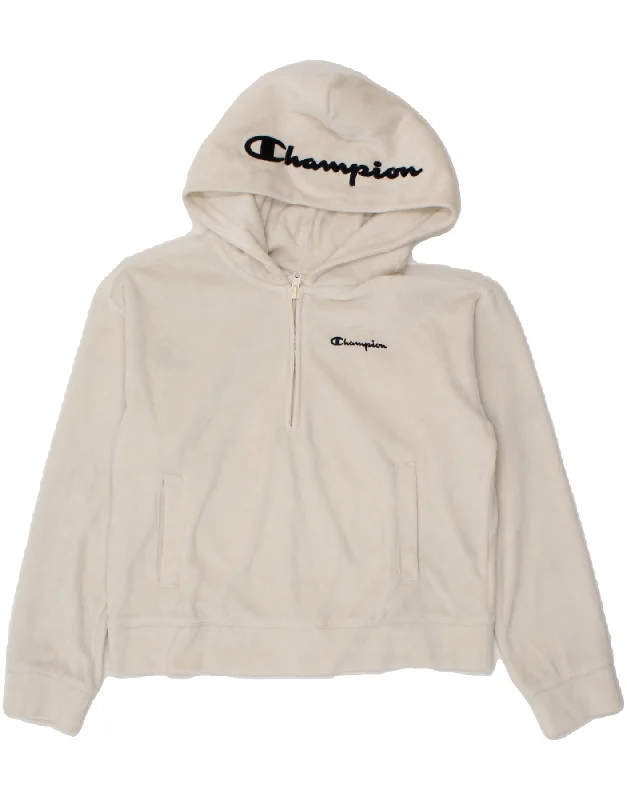 CHAMPION Girls Graphic 1/4 Zip Hoodie Jumper 9-10 Years Medium Off White