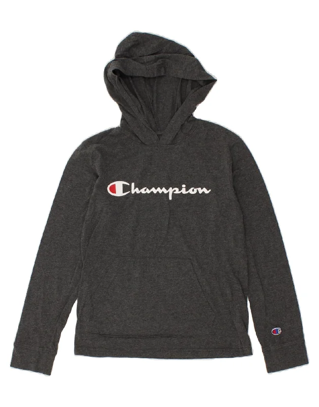 CHAMPION Girls Graphic Hoodie Jumper 11-12 Years Large Grey Cotton