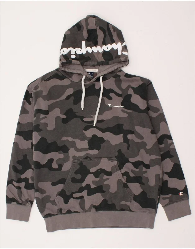 CHAMPION Mens Graphic Hoodie Jumper Small Grey Camouflage Cotton