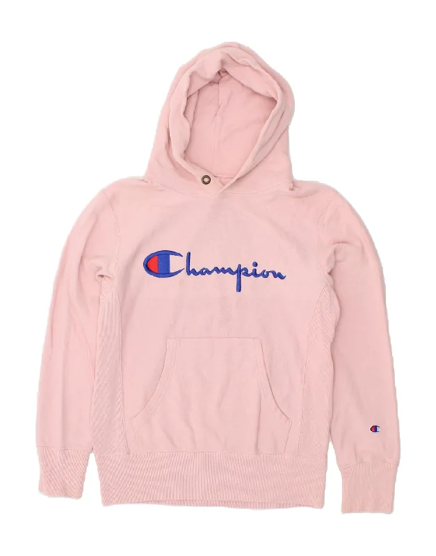 CHAMPION Womens Graphic Hoodie Jumper UK 14 Medium Pink Cotton