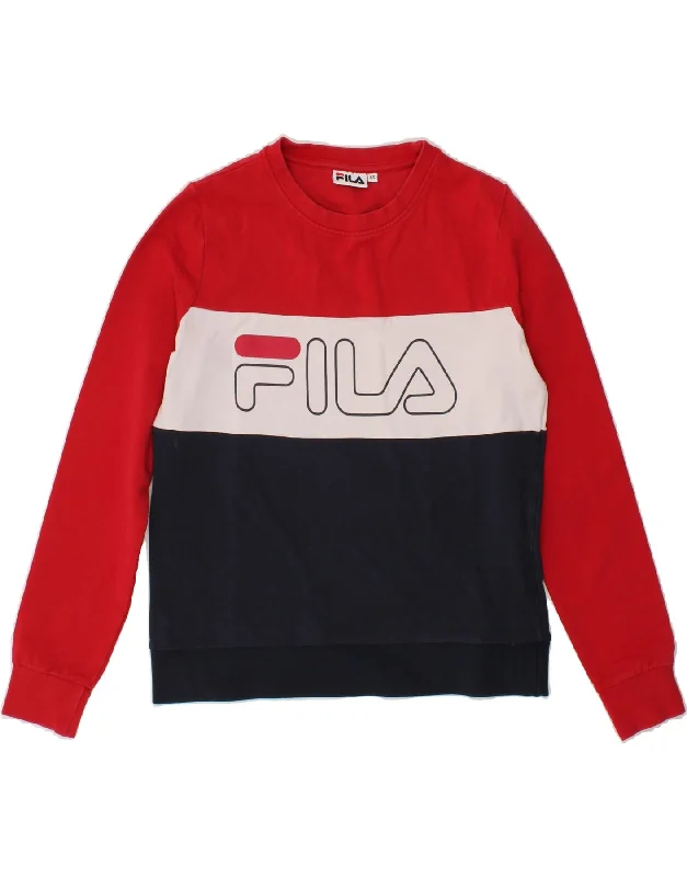 FILA Womens Graphic Sweatshirt Jumper UK 6 XS Red Colourblock Cotton