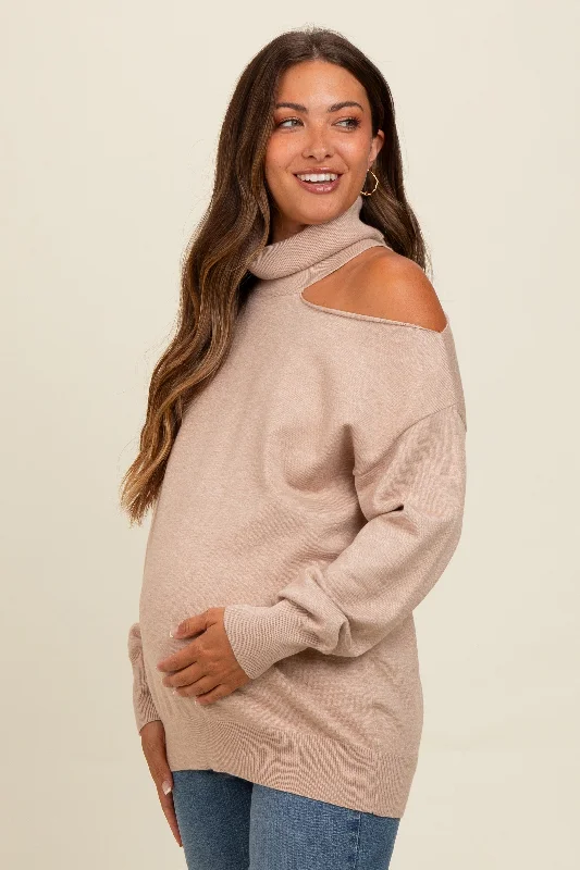 Beige Cold Shoulder Turtle Neck Maternity Sweater