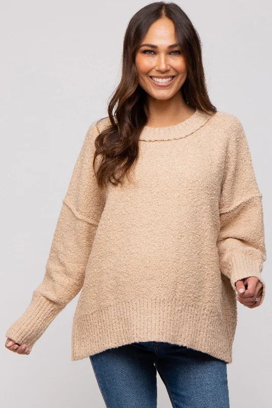 Beige Knit Exposed Seam Maternity Sweater