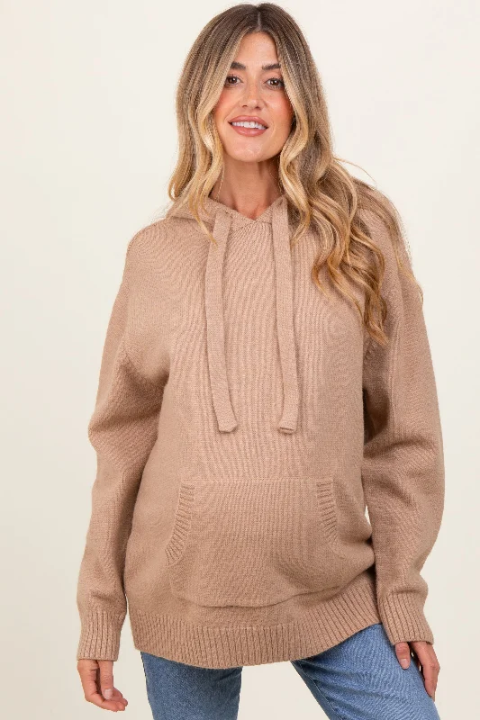 Beige Knit Front Pocket Hooded Maternity Sweater