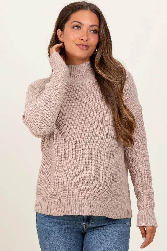 Beige Relaxed Mock Neck Maternity Sweater