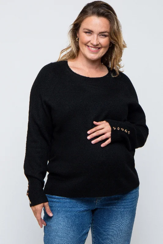 Black Button Accent Solid Maternity Plus Size Sweater