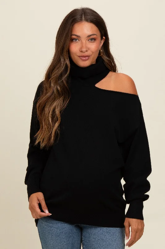 Black Cold Shoulder Turtle Neck Maternity Sweater