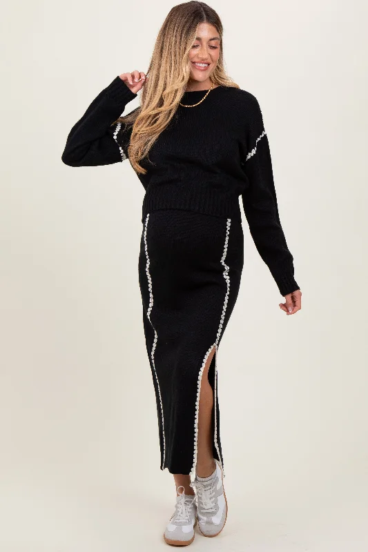 Black Contrast Stitch Knit Sweater And Maxi Skirt Maternity Set