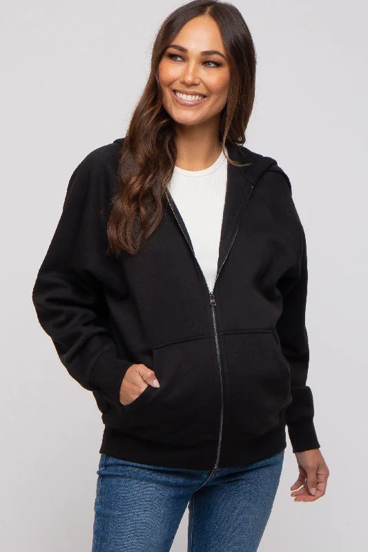 Black Front Zipper Hooded Maternity Sweater