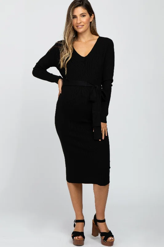 Black Tie Front Maternity Sweater Midi Dress