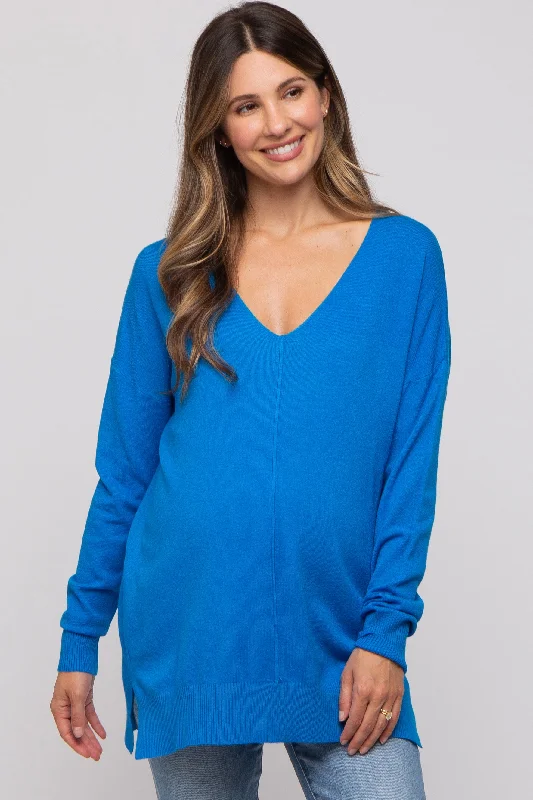 Blue Long Sleeve Side Slit Maternity Sweater