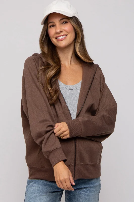 Brown Front Zipper Hooded Maternity Sweater