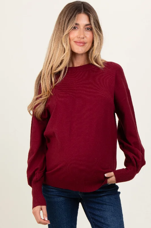 Burgundy Fine Knit Balloon Sleeve Maternity Sweater