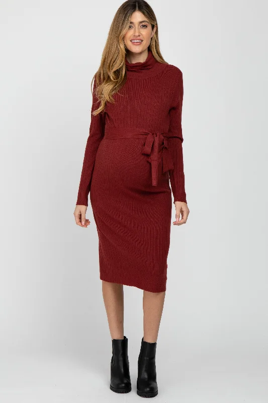 Burgundy Ribbed Turtleneck Maternity Sweater Dress