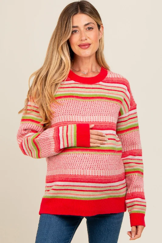 Coral Multi Stripe Crew Neck Maternity Sweater