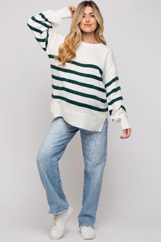 Forest Green Striped Oversized Side Slit Maternity Sweater