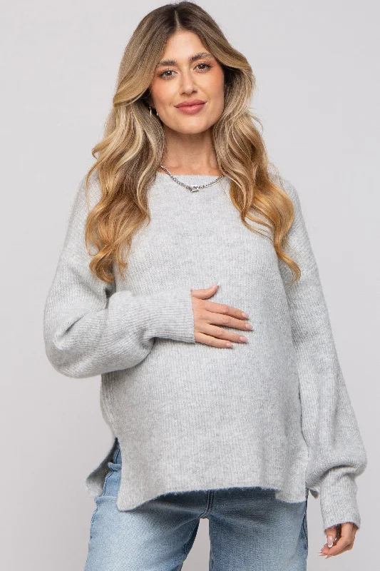 Heather Grey Soft Knit Lace Up Back Maternity Sweater