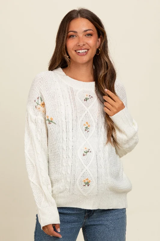 Ivory Embroidered Flower Cable Knit Maternity Sweater