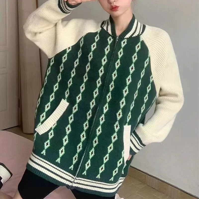 NiDELL . Autumn and Winter New Diamond Plaid Korean Style Knitted Sweater Women's Color Matching Design Sense Niche Temperament Loose-Fitting Coat Top