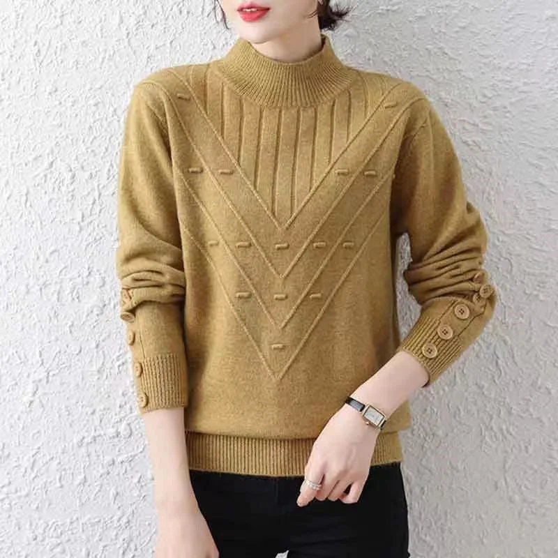 NiDELL Autumn and Winter New Half Turtleneck Lazy Sweater Women's . Solid Color Long Sleeve Button Fashionable Stylish Knitted Top